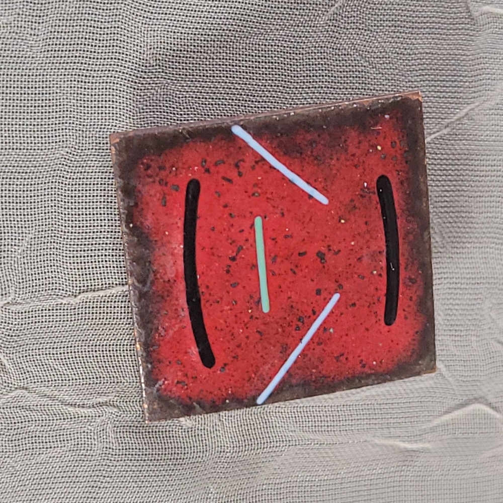 Solid Copper Enamel Brooch Pin Red Abstract Geometric Square Artisan Jewelry